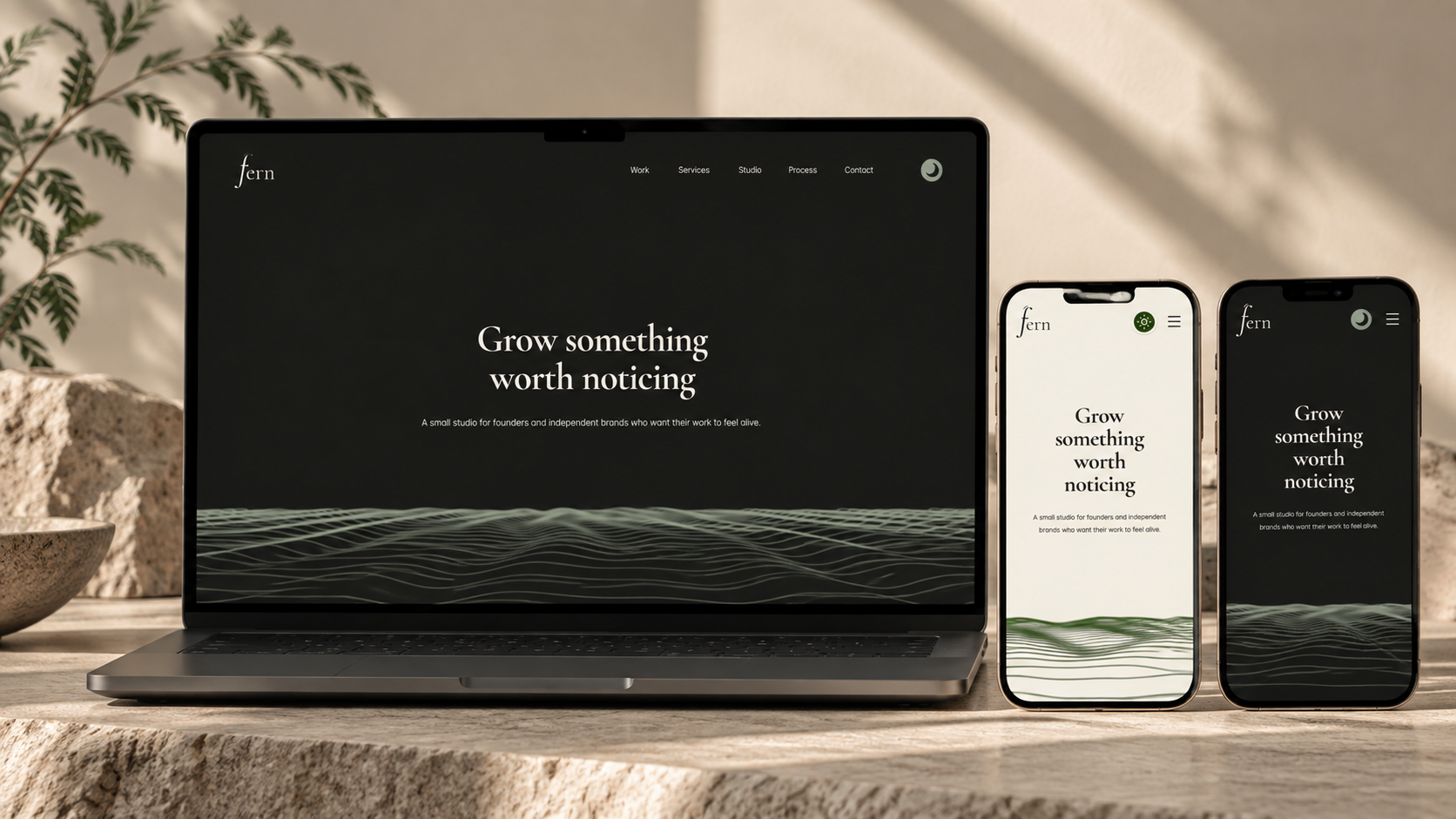 Fern Studio website shown across a laptop and two mobile devices in a warm editorial product scene