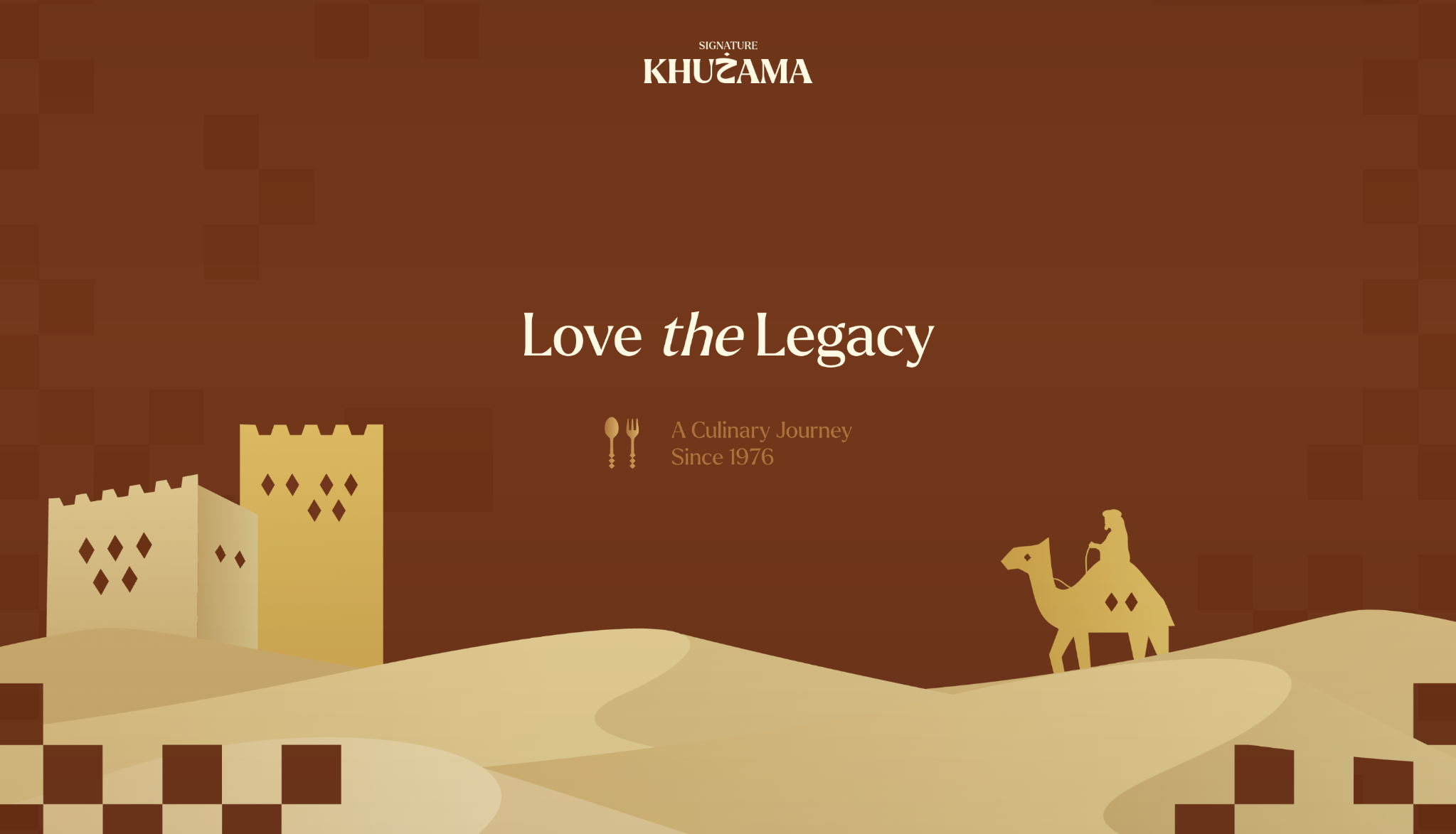 Khuzama Signature desktop homepage hero with Love the Legacy headline, desert landscape and camel illustration